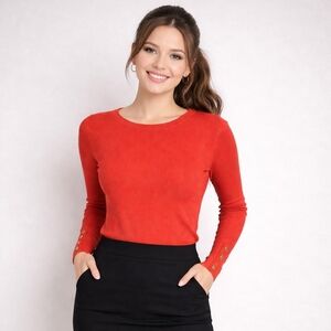 Zara electric orange Basics knit sweater with gold buttons (size Small)